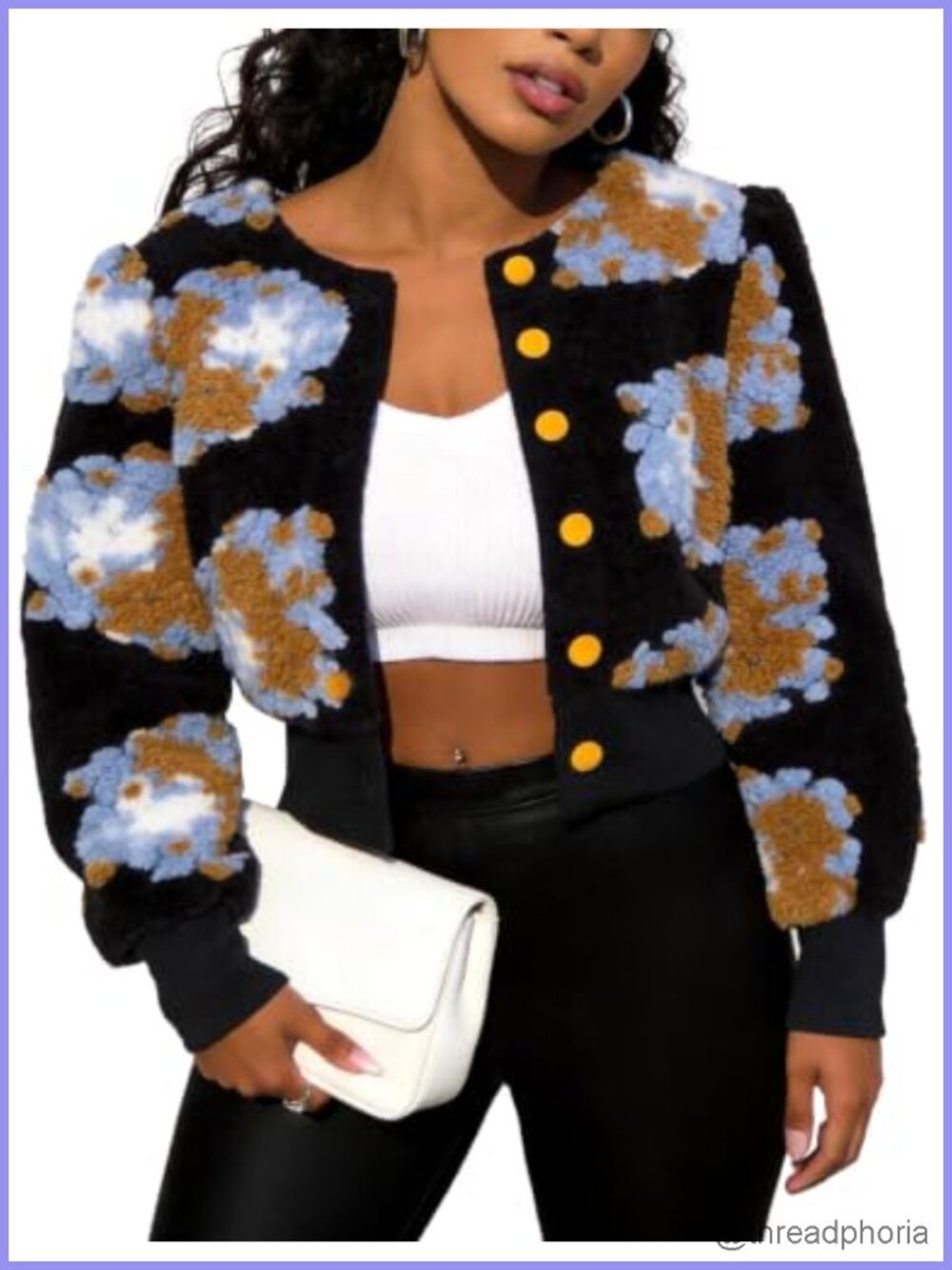 Womens Floral Fleece Bomber Jacket Cropped Warm Coat